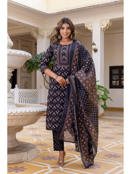 Kohsh - Womens Cotton Ethnic Motif Straight Kurta Pant Dupatta (Set of 3)