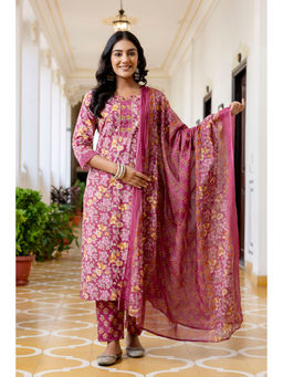 Kohsh - Womens Cotton Floral Print Straight Kurta Pant Dupatta (Set of 3)