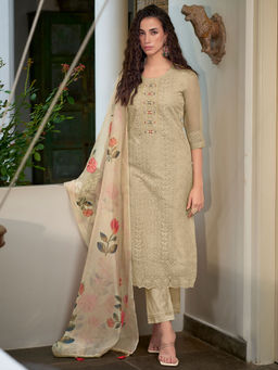 MOJILAA - Women Khaki Organza Bored Schiffli Straight Kurta with Pant and Dupatta (Set of 2)