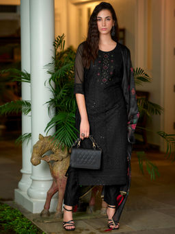 MOJILAA - Women Black Organza Bored Schiffli Straight Kurta with Pant and Dupatta (Set of 2)