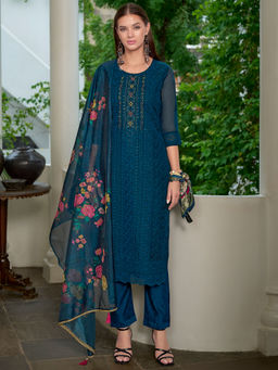 MOJILAA - Women Teal Blue Organza Bored Schiffli Straight Kurta with Pant and Dupatta (Set of 2)