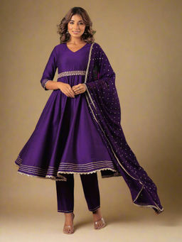 Kasya - Purple Anarkali with Belt and Pant Paired with Dupatta (Set of 3)