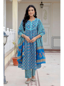 Kohsh - Womens Cotton Ajrakh Print A-Line Kurta Pant Dupatta (Set of 3)