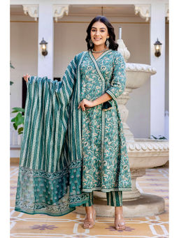 Kohsh - Womens Cotton Floral Print Anarkali Kurta Pant Dupatta (Set of 3)