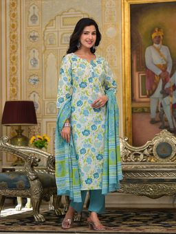 Yufta - Teal Floral Print Button Show On Yoke Kurta with Pant and Dupatta (Set of 3)