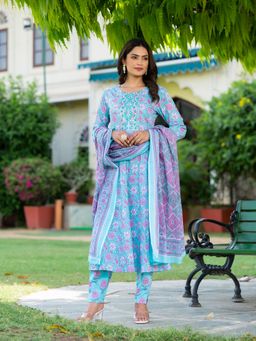 Yufta - Blue Floral Print Anarkali Kurta with Pant and Dupatta (Set of 3)