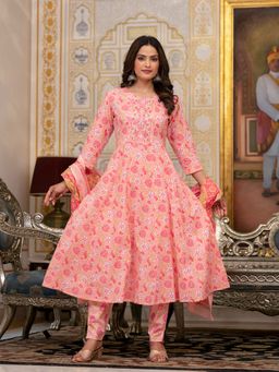 Yufta - Peach Floral Print Anarkali Kurta with Pant and Dupatta (Set of 3)