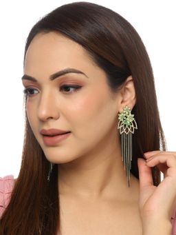 Yellow Chimes - Floral Shaped Crystal Green Long Chain Dangler Earrings