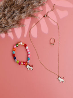 JEWELZ - Unicorn Magic Multi-Color Kids Necklace Set with Pearl Bracelet & Finger Ring (3-4 Years)