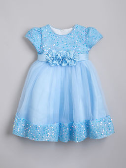 Hopscotch - Girls Blue Sequin Embellished Half-Sleeve Party Dress