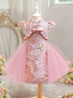 Hopscotch - Girls Pink Floral Print Cap Sleeve Party Dress