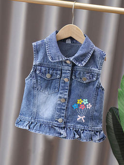 Hopscotch - Girls Blue Floral Print Denim Ruffled Jacket