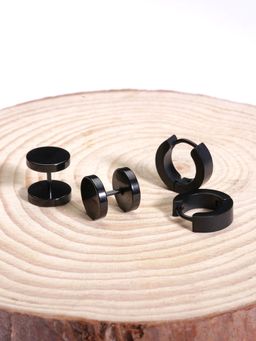 Yellow Chimes - Combo 2 pairs Black-toned Stainless Steel Dumbbell Studs and Hoop Earrings