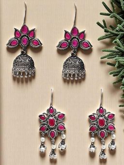 OOMPH - Pink Oxidised No Plating Plating Traditional Pair Of Earrings (Pack of 2)