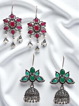 OOMPH - Multi-Color Oxidised No Plating Plating Traditional Pair Of Earrings (Pack of 2)