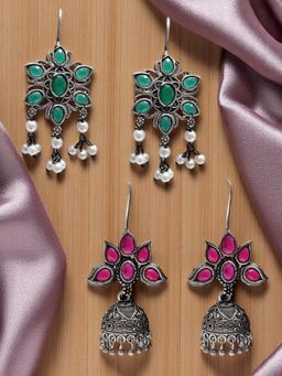 OOMPH - Multi-Color Oxidised No Plating Plating Traditional Pair Of Earrings (Pack of 2)