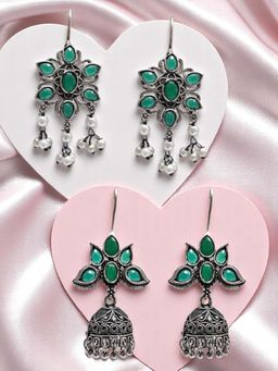OOMPH - Green Oxidised No Plating Plating Traditional Pair Of Earrings (Pack of 2)