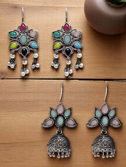 OOMPH - Multi-Color Oxidised No Plating Plating Traditional Pair Of Earrings (Pack of 2)