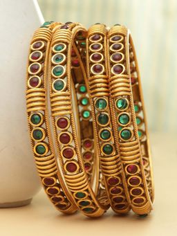 PANASH - Multi-Color Stones Gold Plating Traditional Bangles (Pack of 4) (2.6)