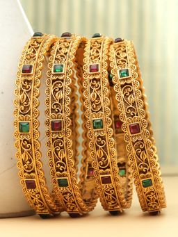 PANASH - Multi-Color Stones Gold Plating Traditional Bangles (Pack of 4) (2.6)