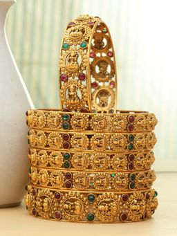 PANASH - Multi-Color Stones Gold Plating Traditional Bangles (Pack of 6) (2.6)