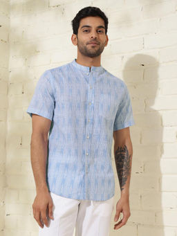 Fabindia - Blue Cotton Hand Block Printed Slim Fit Shirt