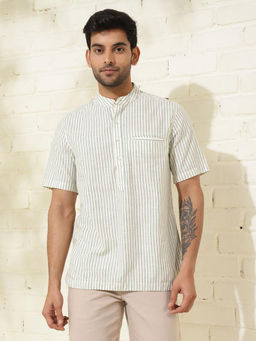 Fabindia - White Cotton Striped Slim Fit Mid Placket Shirt