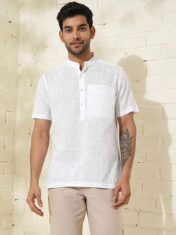 Fabindia - White Cotton Block Printed Slim Fit Mid Placket Shirt