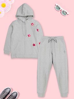KiddoPanti - Grey Heart Appliques Hooded Sweatshirt with Joggers (Set of 2)