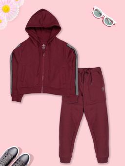 KiddoPanti - Maroon Crop Length Hooded Sweatshirt with Joggers (Set of 2)
