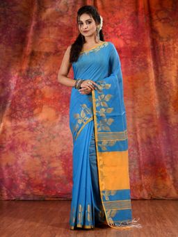 CHARUKRITI - Blue Blended Cotton Handwoven Saree with Texture Design and Unstitched Blouse