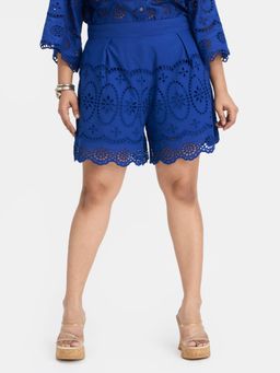 Virgio - Embroidered Cotton Schiffli Shorts With Scalloped Hem for Women - Blue