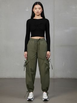 Popnetic - Women Loose Fit High-Rise Parachute Cargo Joggers - Olive