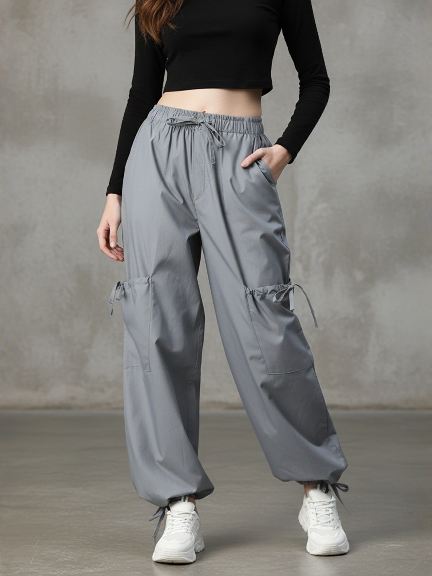 popnetic Women Loose Fit High-Rise Parachute Cargo Joggers - Grey-picture-30