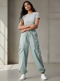 Popnetic - Women Loose Fit High-Rise Parachute Cargo Joggers - Aqua