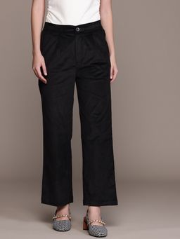 Popnetic - Women Pleated Black Corduroy Parallel Trousers
