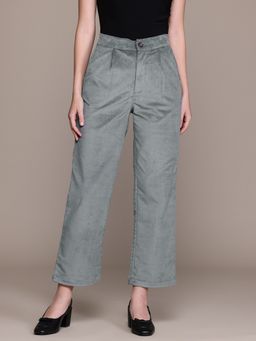 Popnetic - Women Pleated Grey Corduroy Parallel Trousers