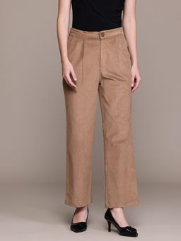 Popnetic - Women Pleated Taupe Corduroy Parallel Trousers