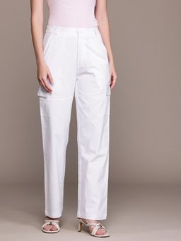Popnetic - Women Solid White Flat-Front High-Rise Cargos