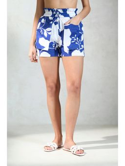 Virgio - Floral Cotton Printed High-Waist Paper bag Shorts for Women - Blue