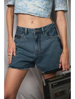Virgio - Solid Cotton Panelled Mini Denim Shorts for Women - Blue