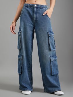 Go Colors - Denim Cargo Jeans for Women-Dark Blue