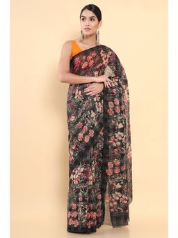 Soch - Women Black Chiffon Printed Saree with Unstitched Blouse