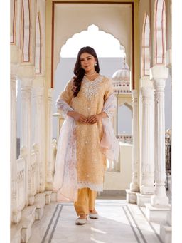 Vaasva Jaipur - Women Peach Linen Printed Kurta with Pant and Dupatta (Set of 3)