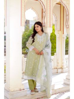 Vaasva Jaipur - Women Pista Green Linen Printed Kurta with Pant and Dupatta (Set of 3)