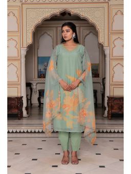 Vaasva Jaipur - Women GreenTabby Print and Embroidered Kurta with Pant and Dupatta (Set of 3)