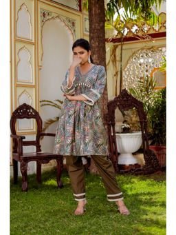 Vaasva Jaipur - Women Olive Green Muslin Floral Print Alia Cut Co-Ord (Set of 2)