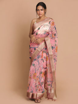 Indethnic - Banarasi Coral Printed Party Wear Saree With Unstitched Blouse