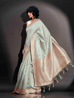 Tikhi Imli - Off White & Green Polycotton Saree with Rich Pallu & Tassels with Unstitched Blouse