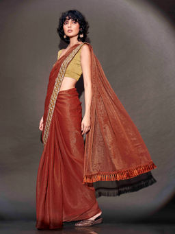 Tikhi Imli - Rust Shimmer Chiffon Saree with Handwork Lace on Shoulder Side with Unstitched Blouse